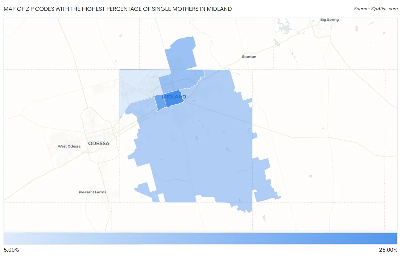 Zip Codes with the Highest Percentage of Single Mothers in Midland Map