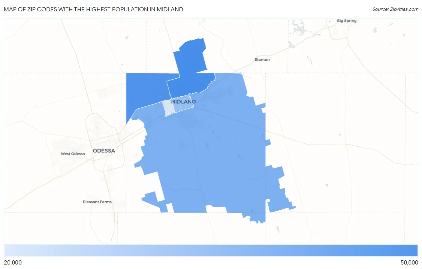 Zip Codes with the Highest Population in Midland Map
