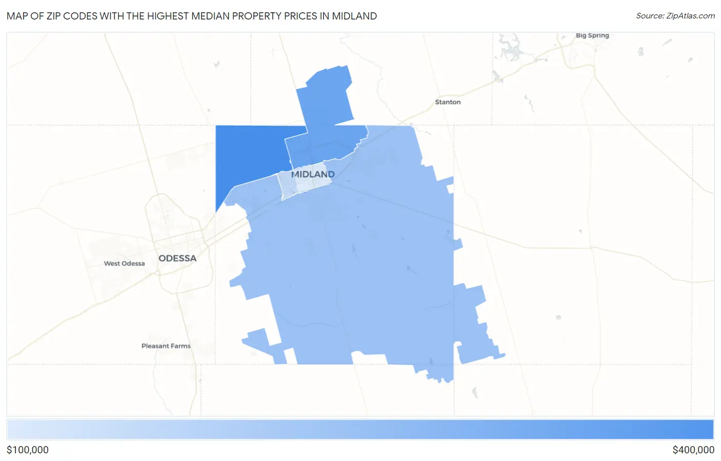 Zip Codes with the Highest Median Property Prices in Midland Map