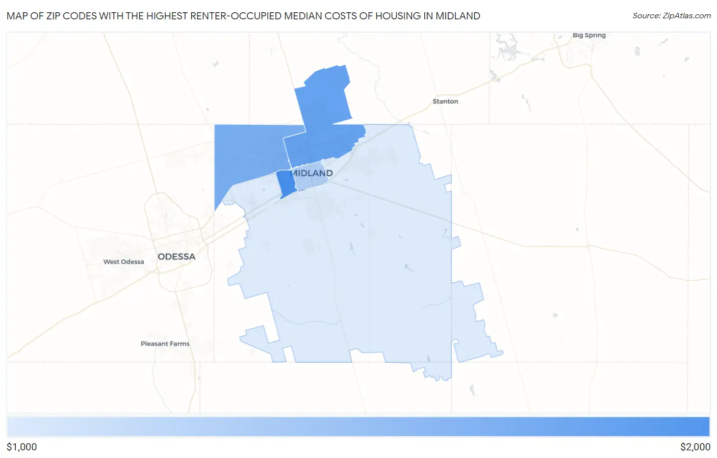 Zip Codes with the Highest Renter-Occupied Median Costs of Housing in Midland Map