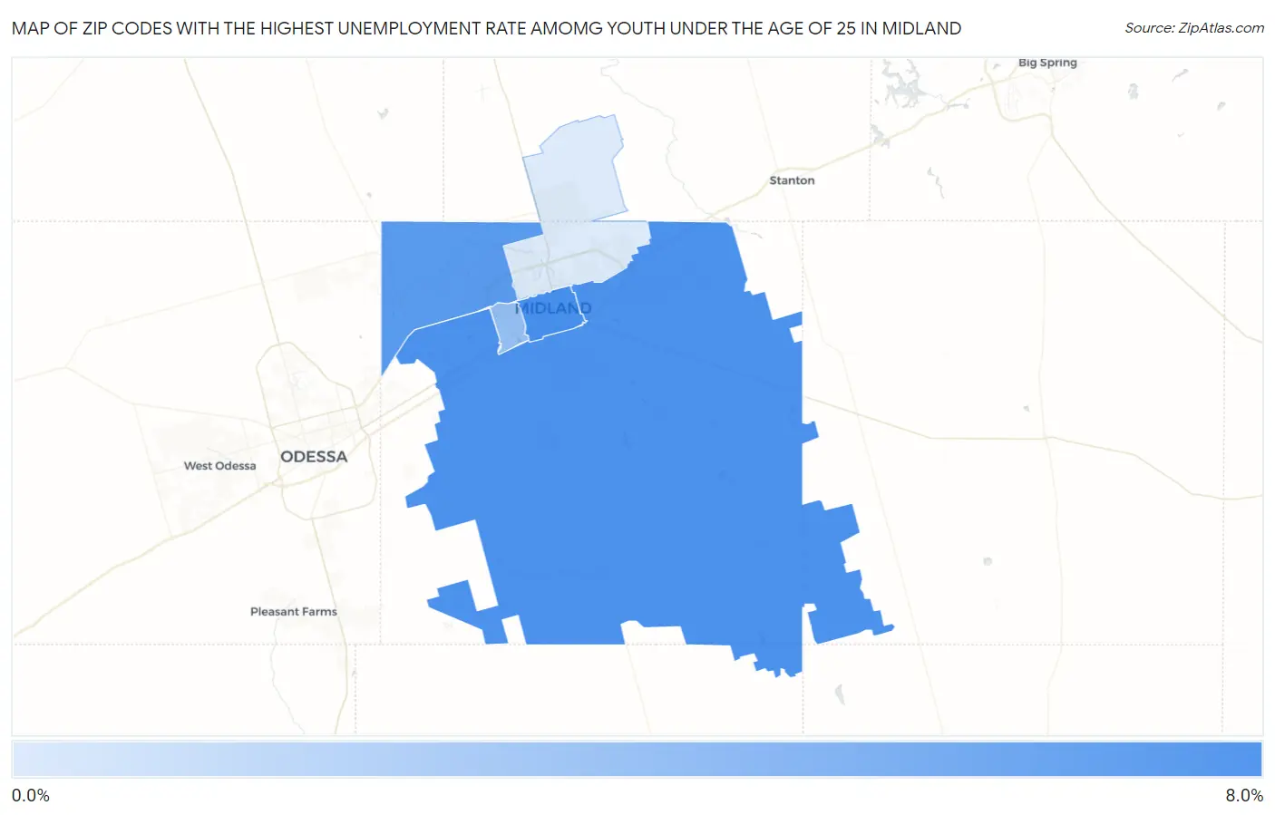 Zip Codes with the Highest Unemployment Rate Amomg Youth Under the Age of 25 in Midland Map