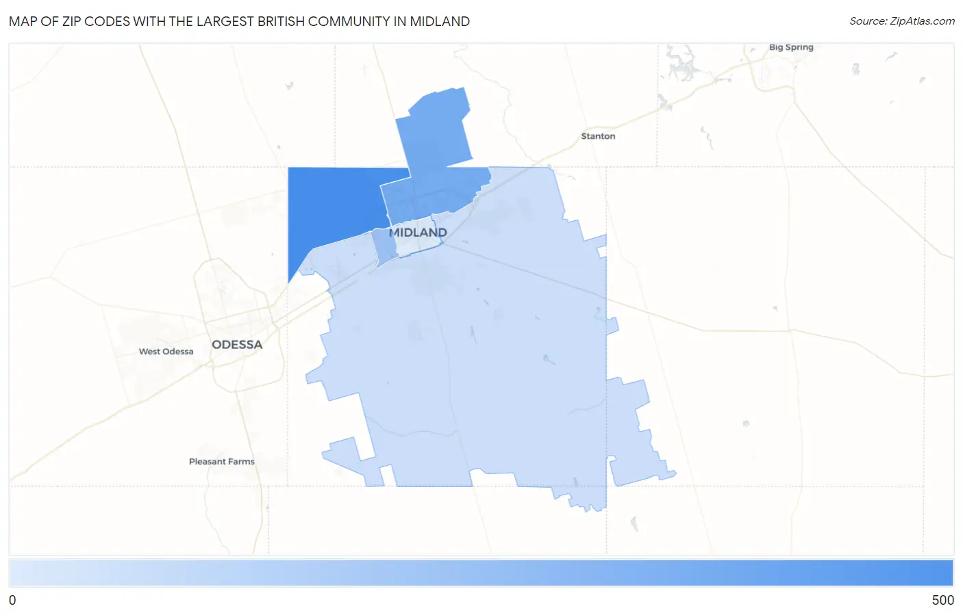 Zip Codes with the Largest British Community in Midland Map