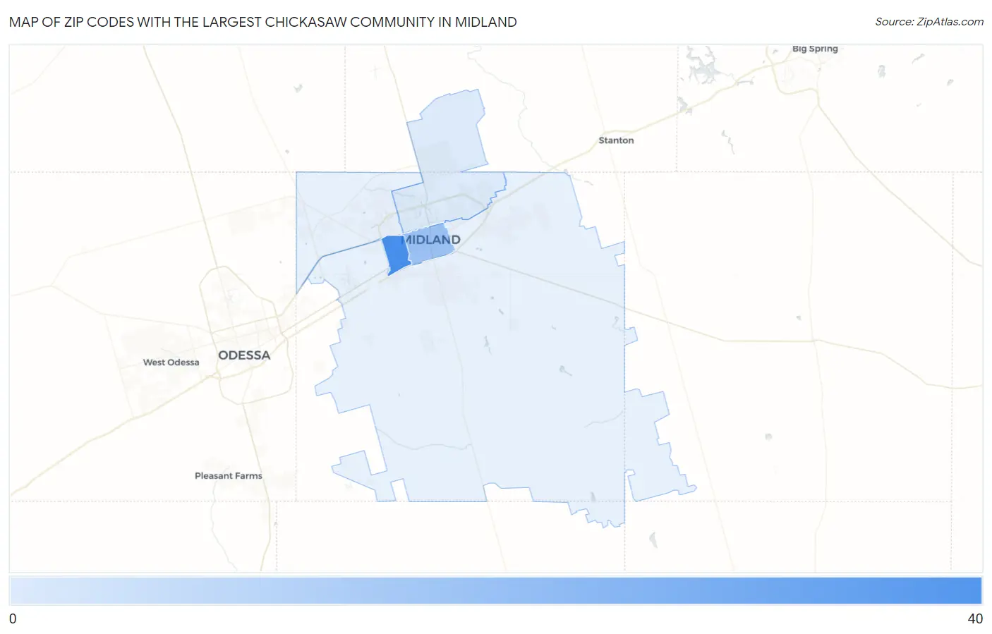 Zip Codes with the Largest Chickasaw Community in Midland Map