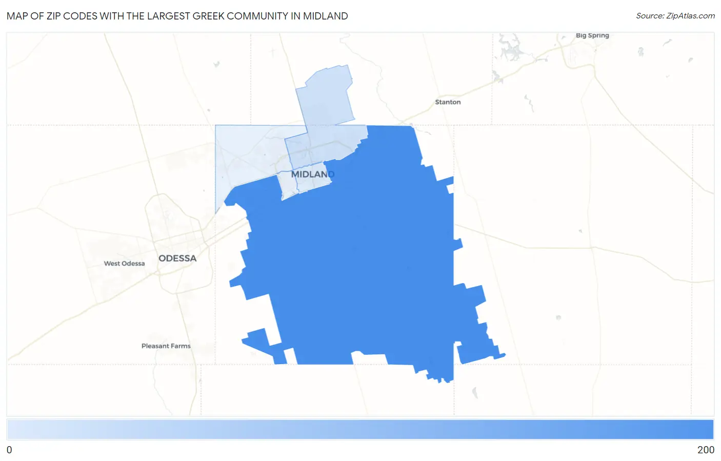 Zip Codes with the Largest Greek Community in Midland Map