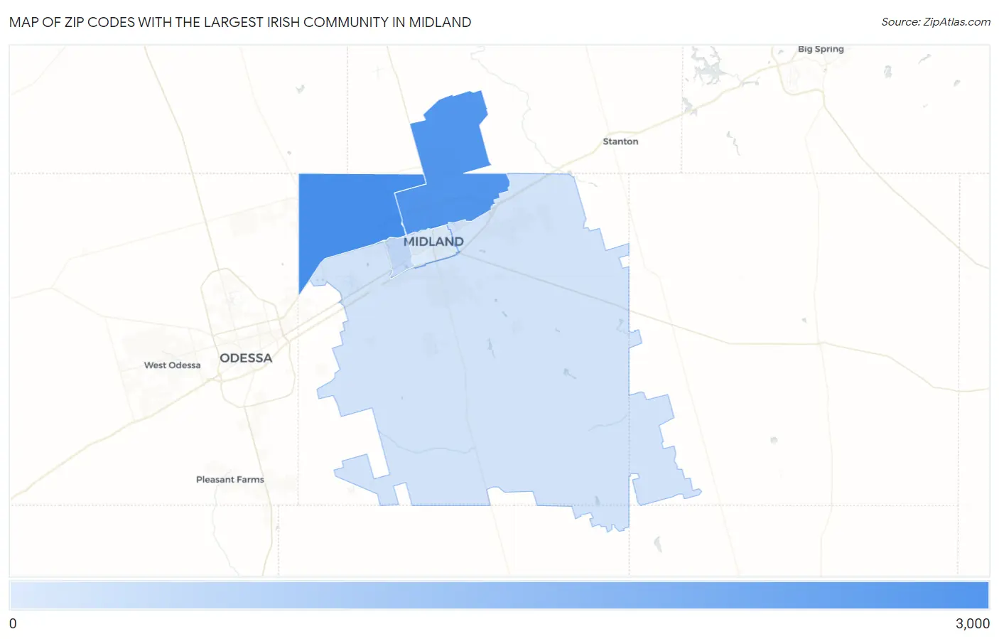 Zip Codes with the Largest Irish Community in Midland Map