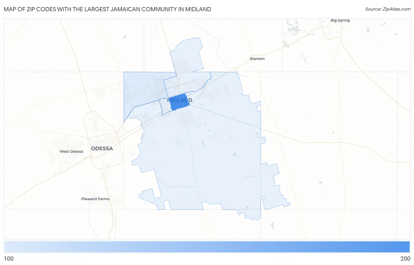 Zip Codes with the Largest Jamaican Community in Midland Map