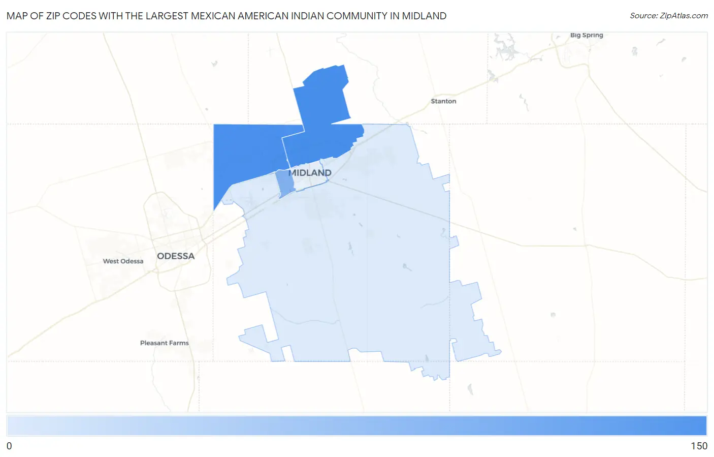 Zip Codes with the Largest Mexican American Indian Community in Midland Map