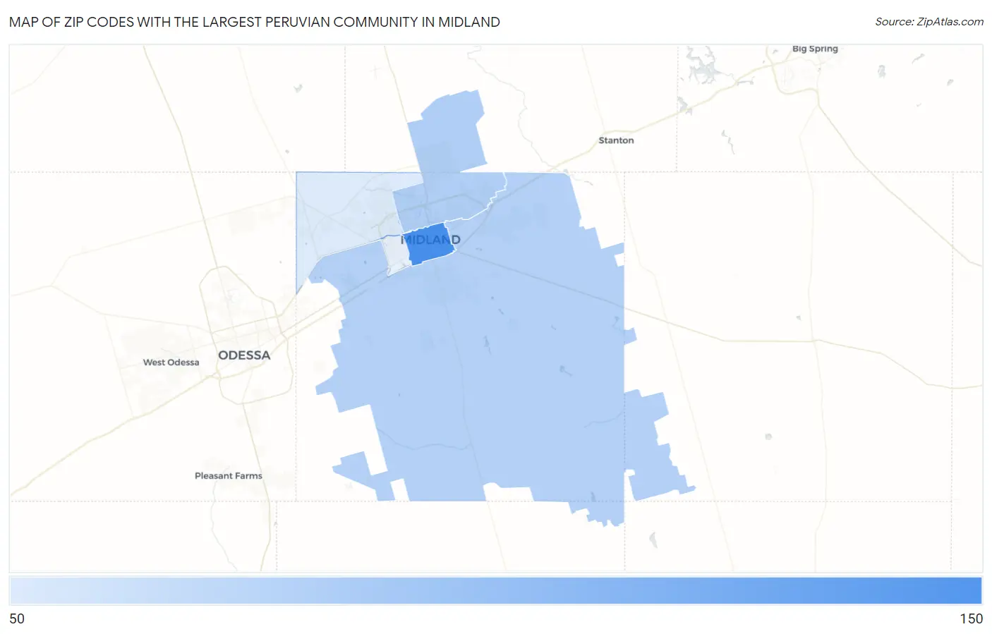 Zip Codes with the Largest Peruvian Community in Midland Map