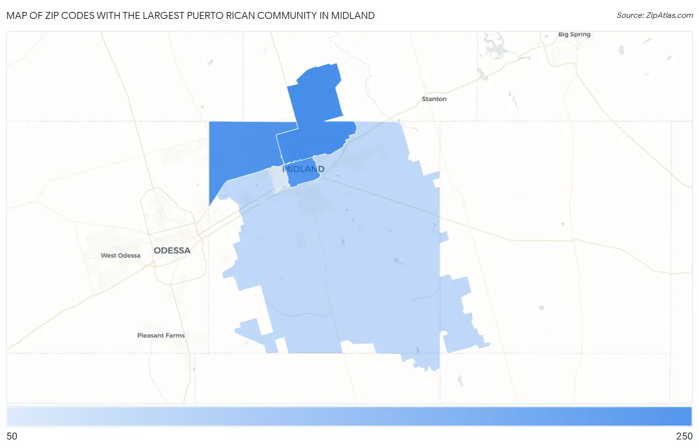Zip Codes with the Largest Puerto Rican Community in Midland Map