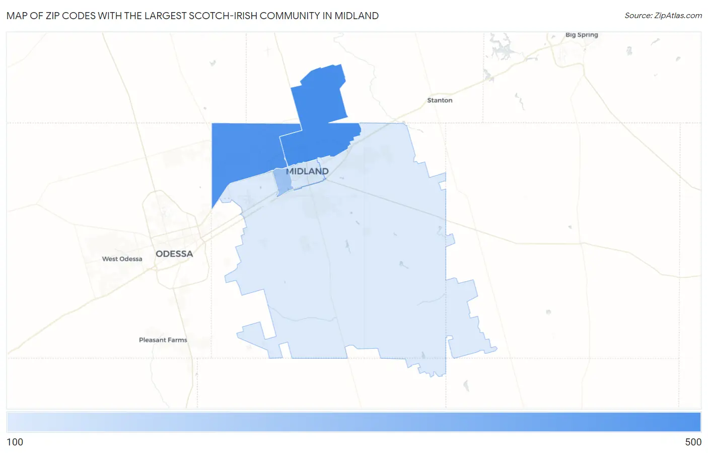 Zip Codes with the Largest Scotch-Irish Community in Midland Map