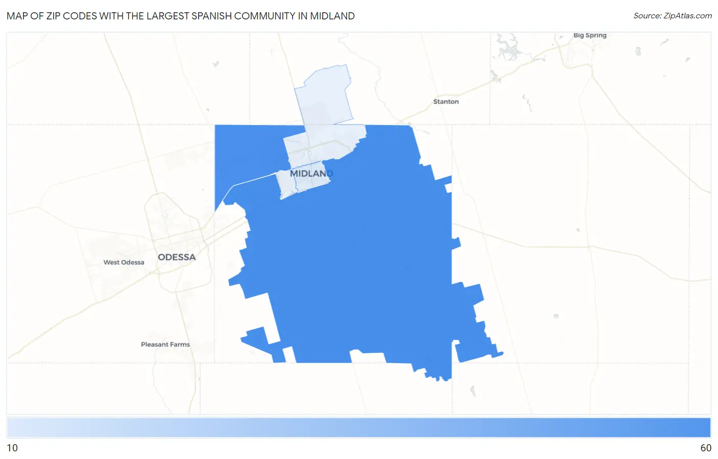 Zip Codes with the Largest Spanish Community in Midland Map