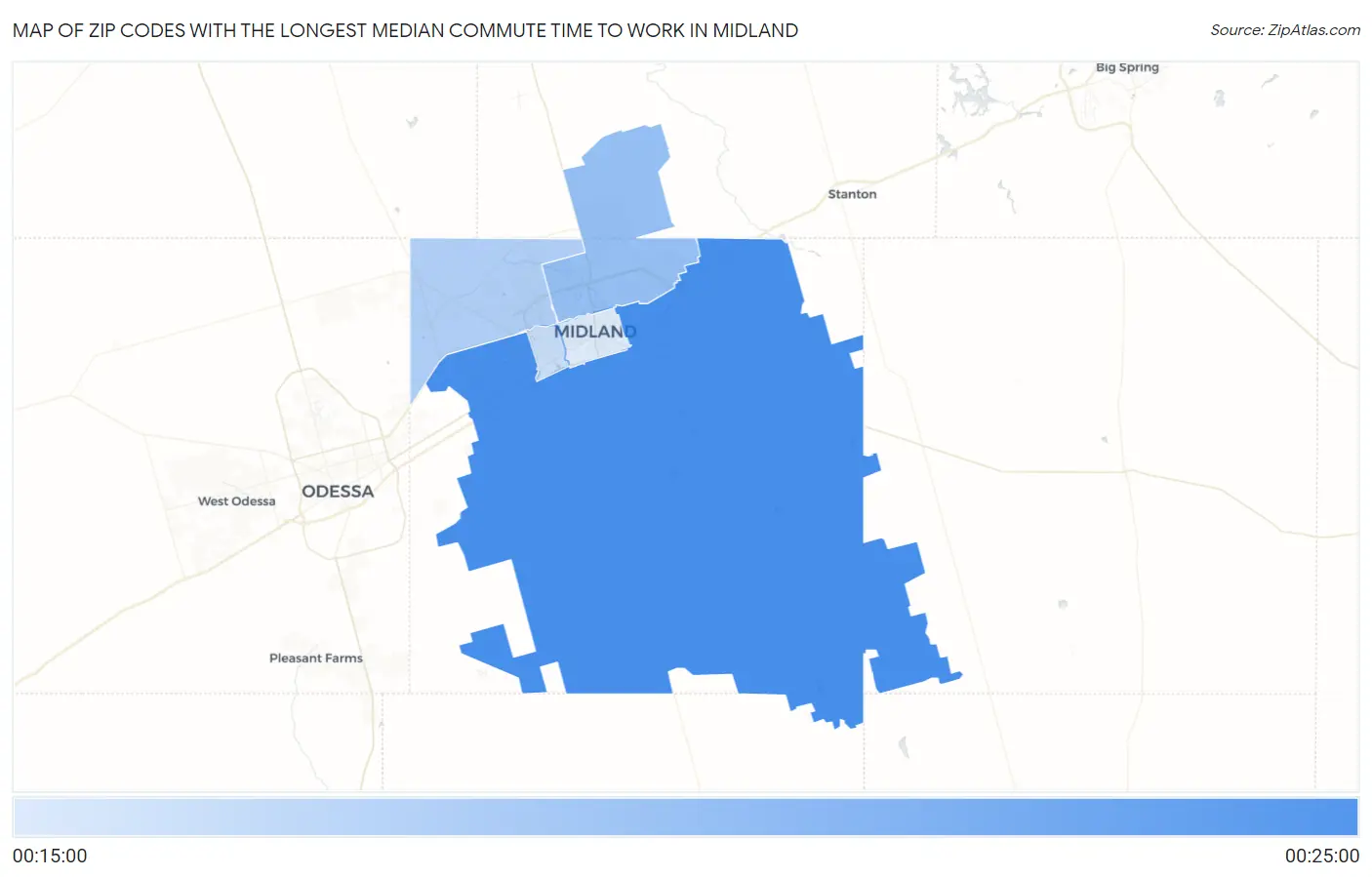 Zip Codes with the Longest Median Commute Time to Work in Midland Map