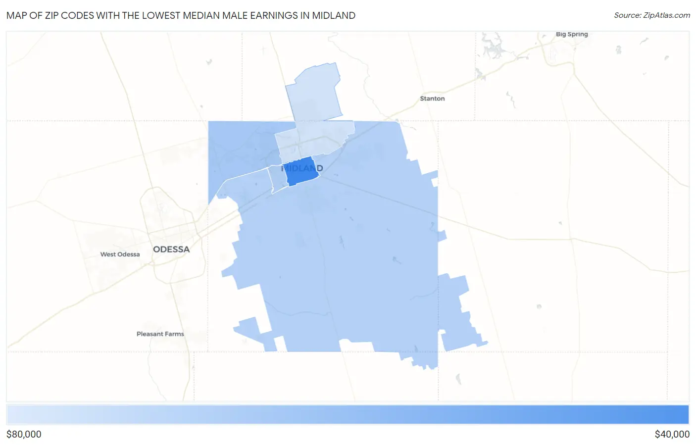 Zip Codes with the Lowest Median Male Earnings in Midland Map