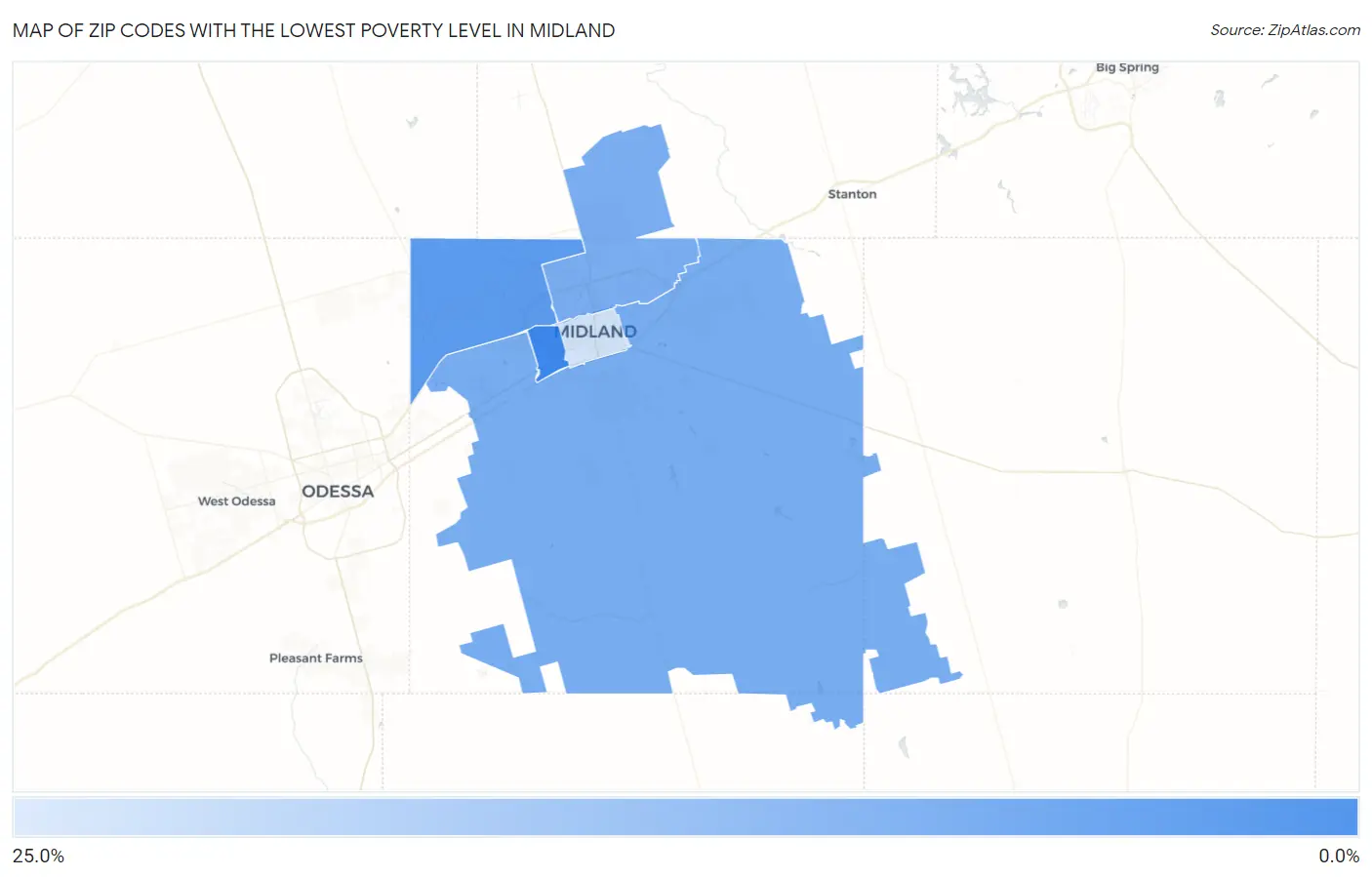 Zip Codes with the Lowest Poverty Level in Midland Map