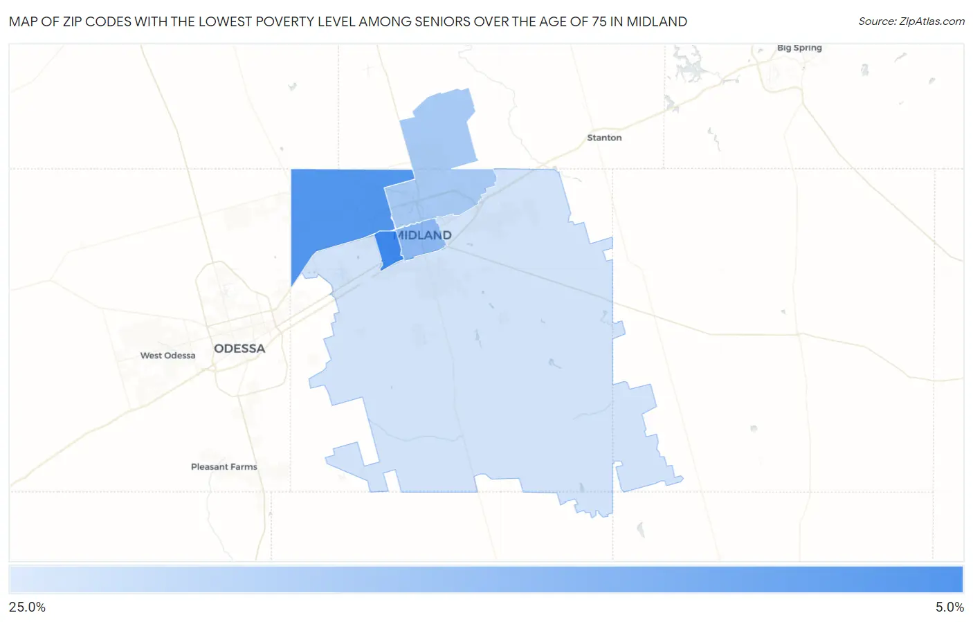 Zip Codes with the Lowest Poverty Level Among Seniors Over the Age of 75 in Midland Map