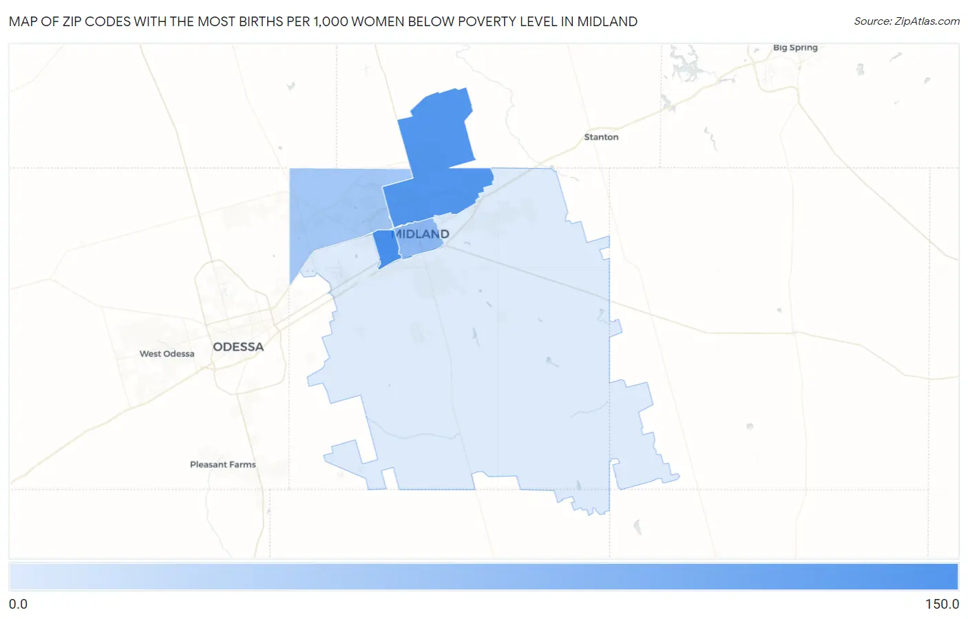 Zip Codes with the Most Births per 1,000 Women Below Poverty Level in Midland Map