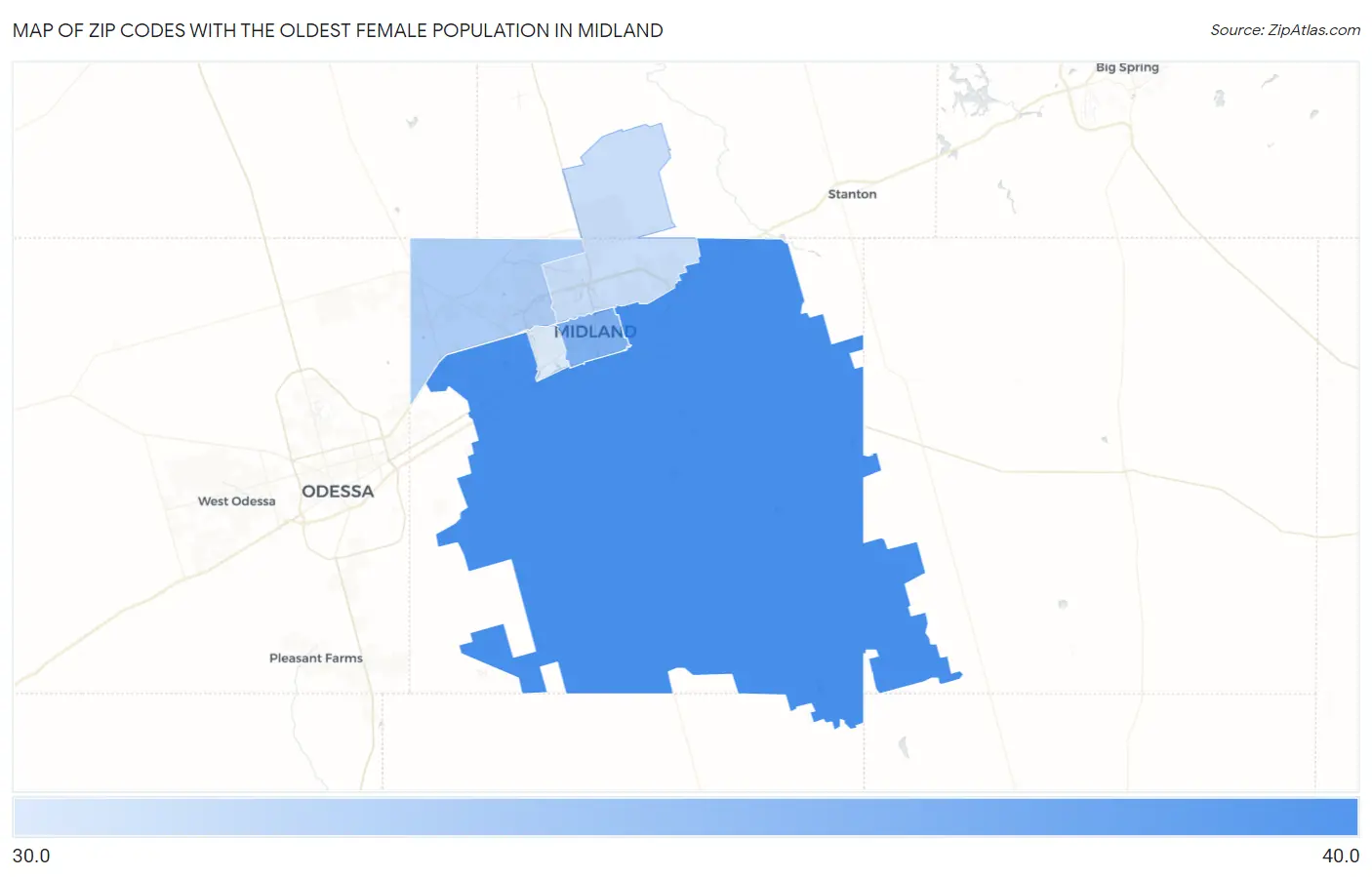Zip Codes with the Oldest Female Population in Midland Map