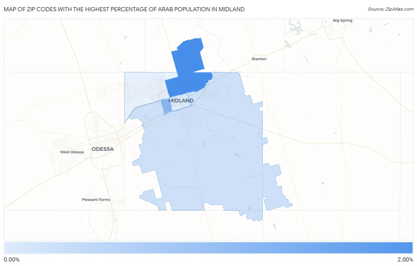 Zip Codes with the Highest Percentage of Arab Population in Midland Map