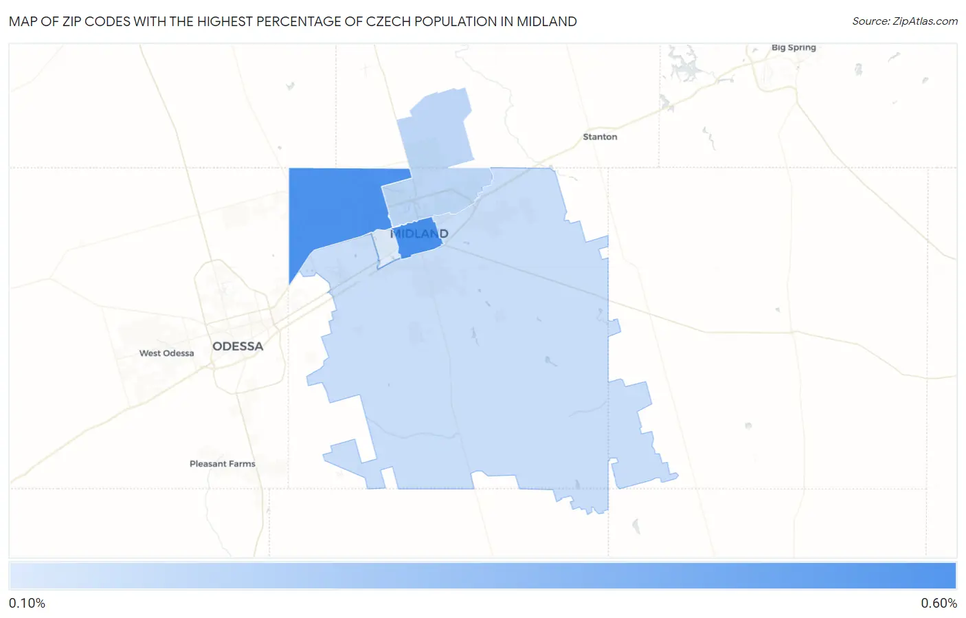 Zip Codes with the Highest Percentage of Czech Population in Midland Map