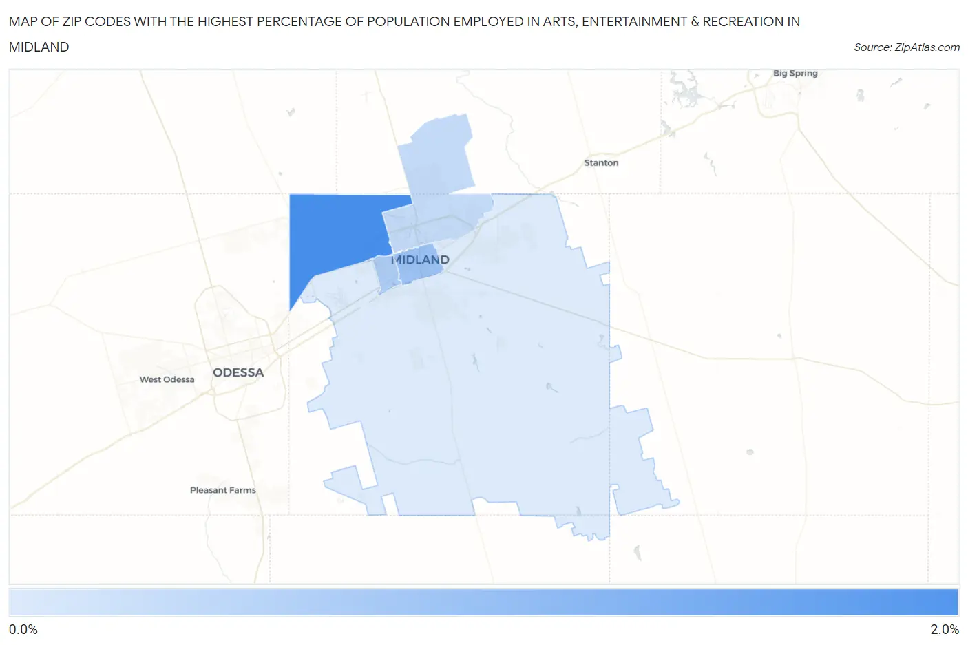 Zip Codes with the Highest Percentage of Population Employed in Arts, Entertainment & Recreation in Midland Map