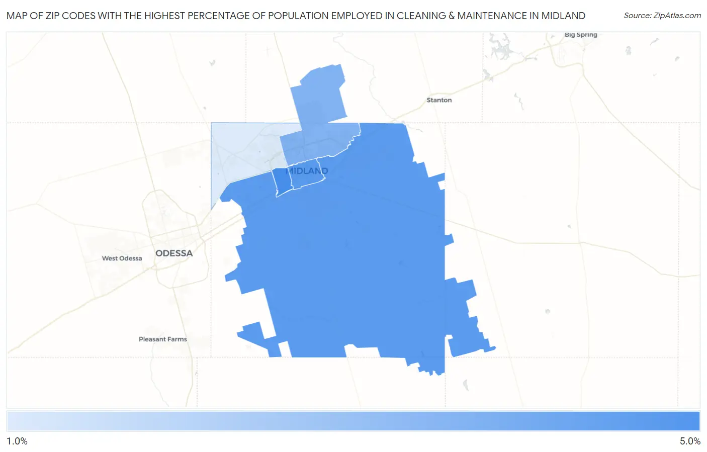 Zip Codes with the Highest Percentage of Population Employed in Cleaning & Maintenance in Midland Map