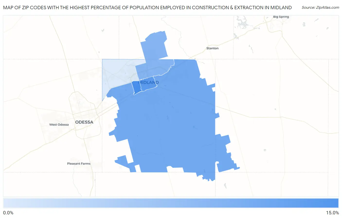 Zip Codes with the Highest Percentage of Population Employed in Construction & Extraction in Midland Map