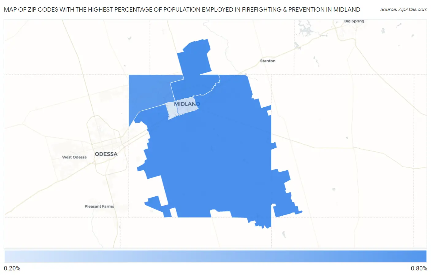 Zip Codes with the Highest Percentage of Population Employed in Firefighting & Prevention in Midland Map