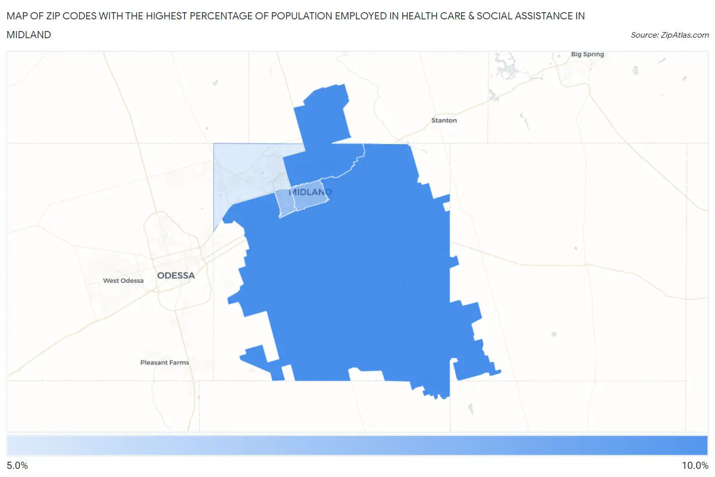 Zip Codes with the Highest Percentage of Population Employed in Health Care & Social Assistance in Midland Map