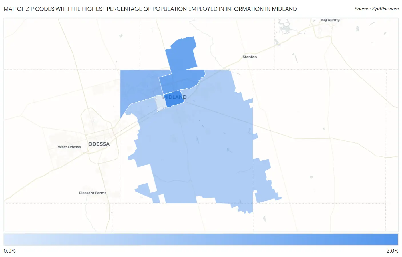 Zip Codes with the Highest Percentage of Population Employed in Information in Midland Map