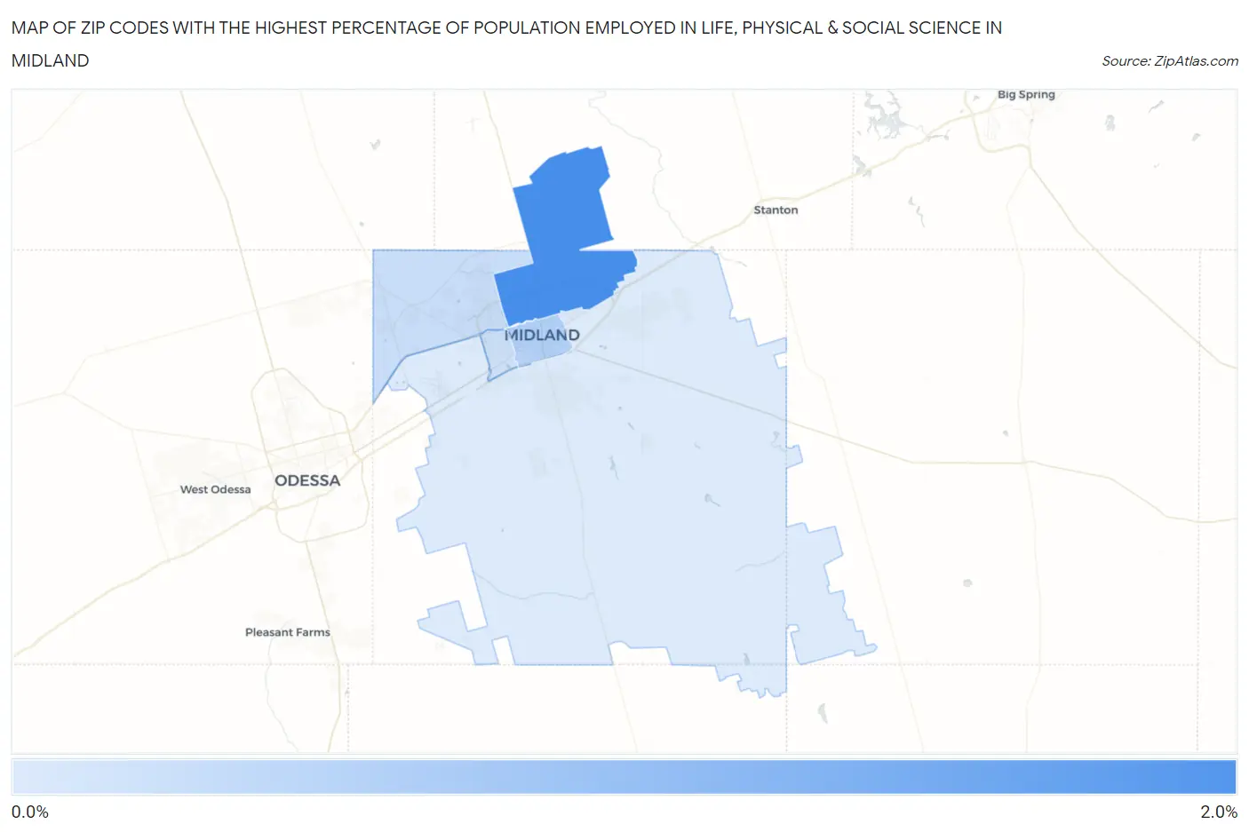 Zip Codes with the Highest Percentage of Population Employed in Life, Physical & Social Science in Midland Map