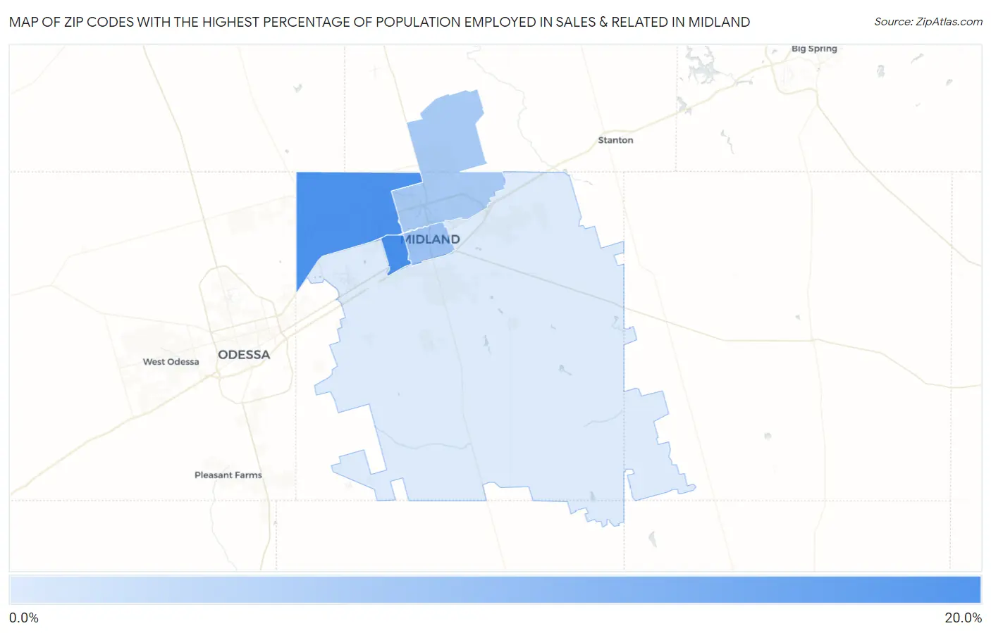 Zip Codes with the Highest Percentage of Population Employed in Sales & Related in Midland Map