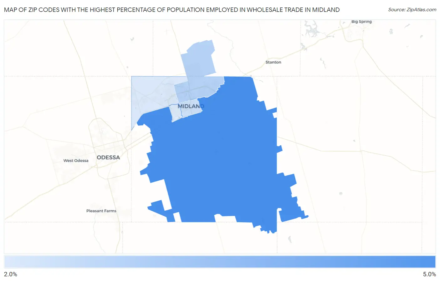 Zip Codes with the Highest Percentage of Population Employed in Wholesale Trade in Midland Map