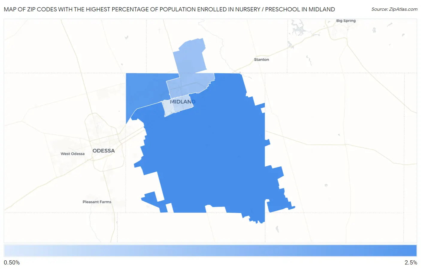 Zip Codes with the Highest Percentage of Population Enrolled in Nursery / Preschool in Midland Map