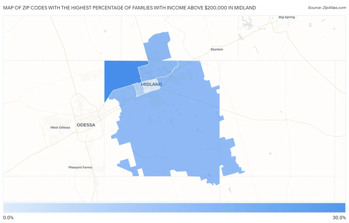 Zip Codes with the Highest Percentage of Families with Income Above $200,000 in Midland Map