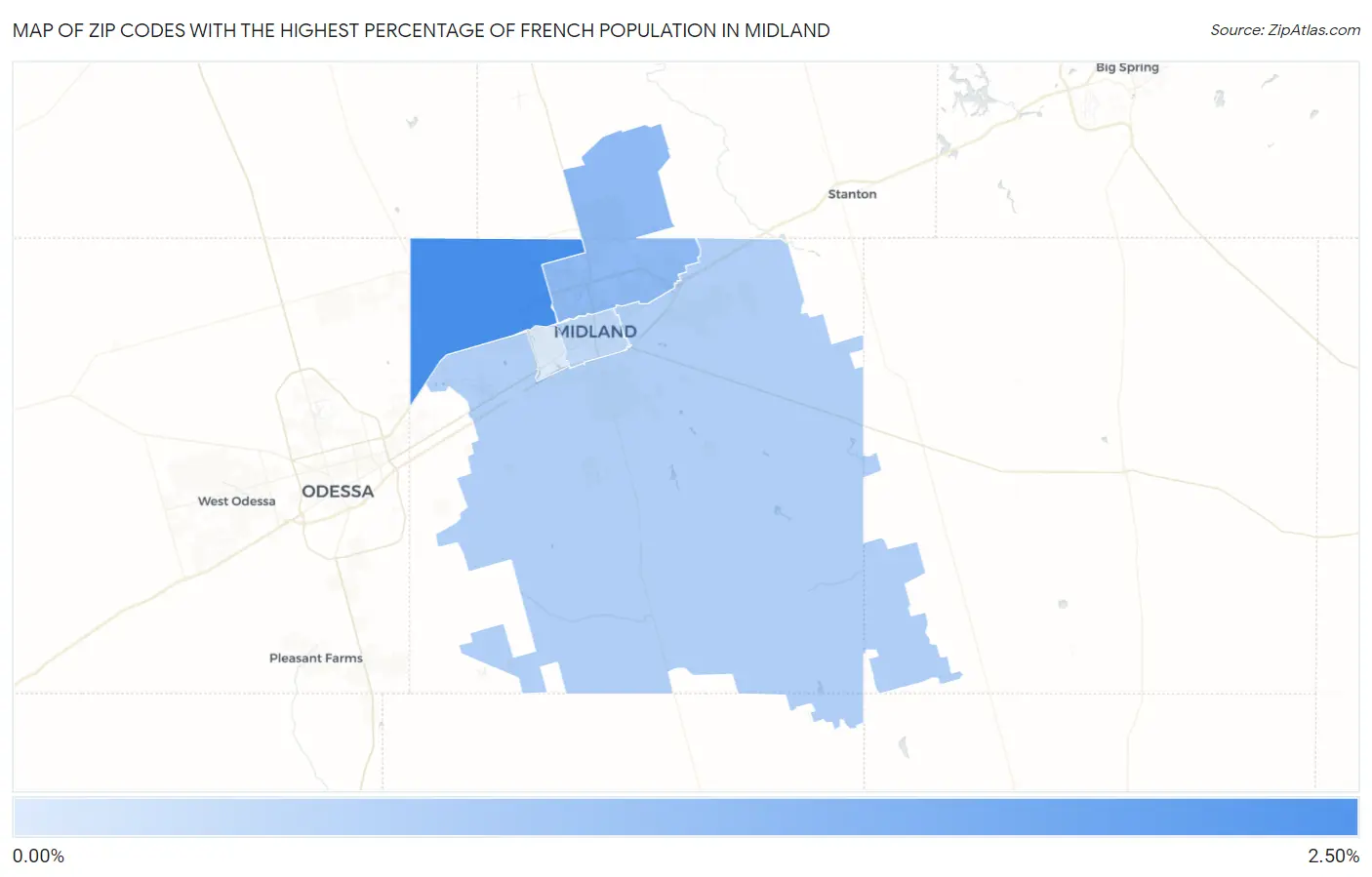 Zip Codes with the Highest Percentage of French Population in Midland Map