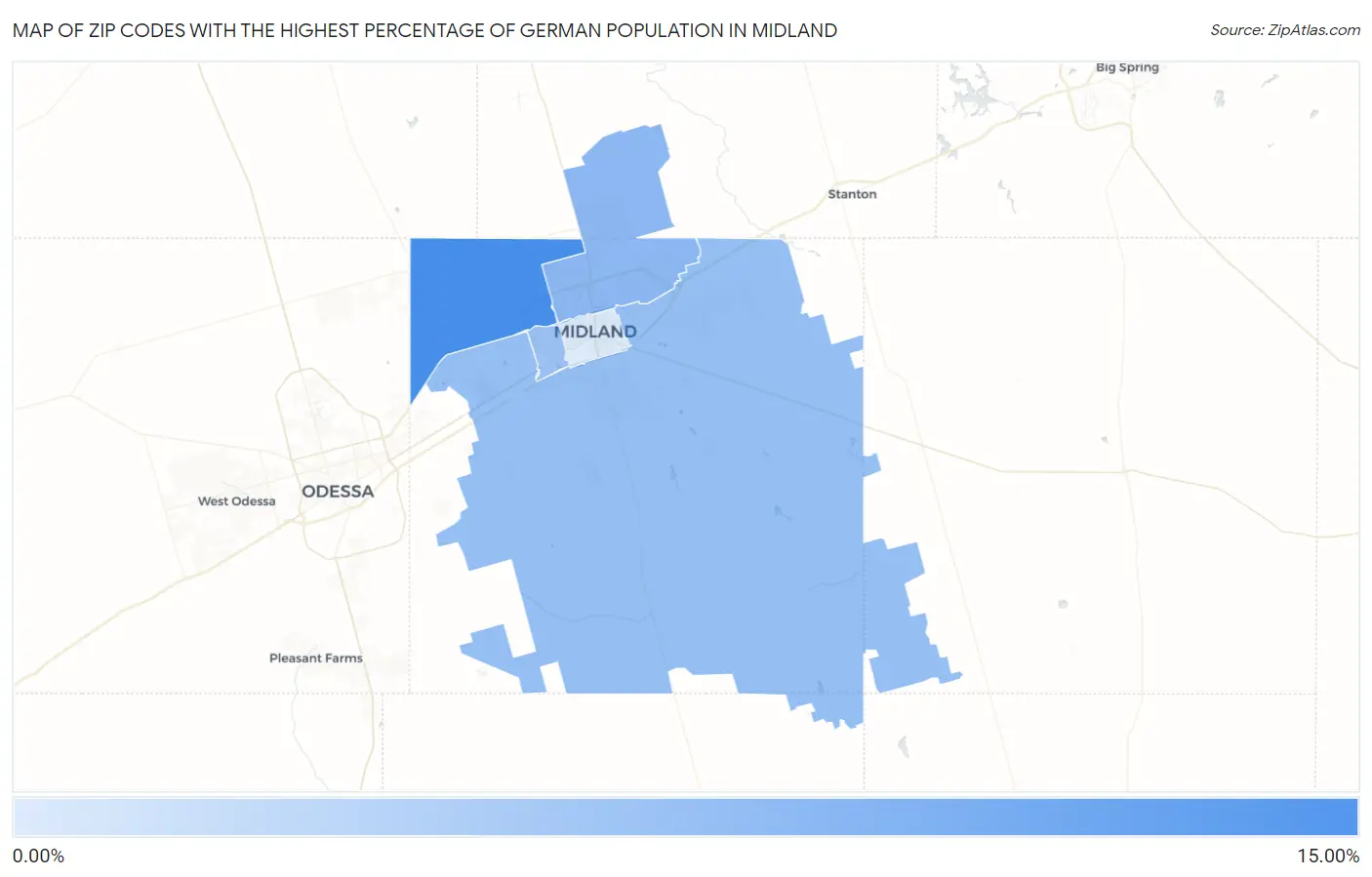 Zip Codes with the Highest Percentage of German Population in Midland Map
