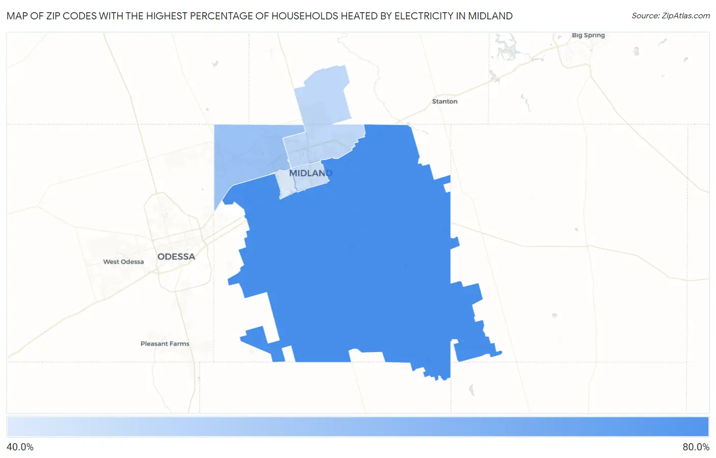 Zip Codes with the Highest Percentage of Households Heated by Electricity in Midland Map