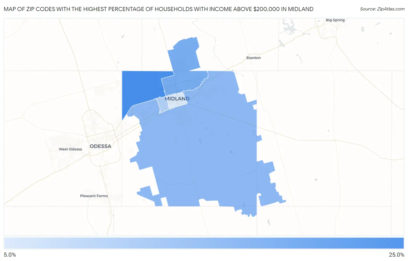 Zip Codes with the Highest Percentage of Households with Income Above $200,000 in Midland Map