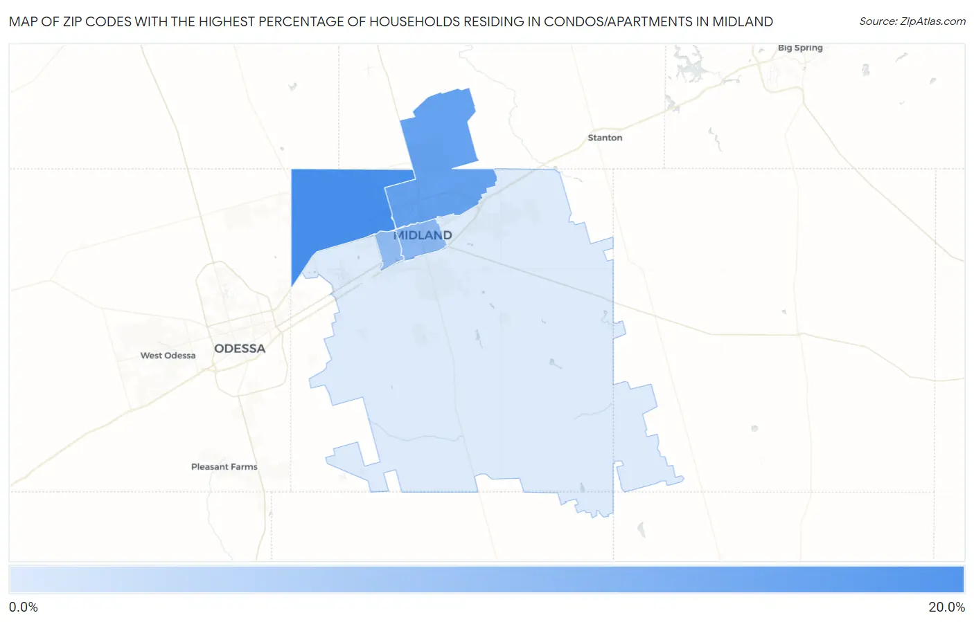 Zip Codes with the Highest Percentage of Households Residing in Condos/Apartments in Midland Map