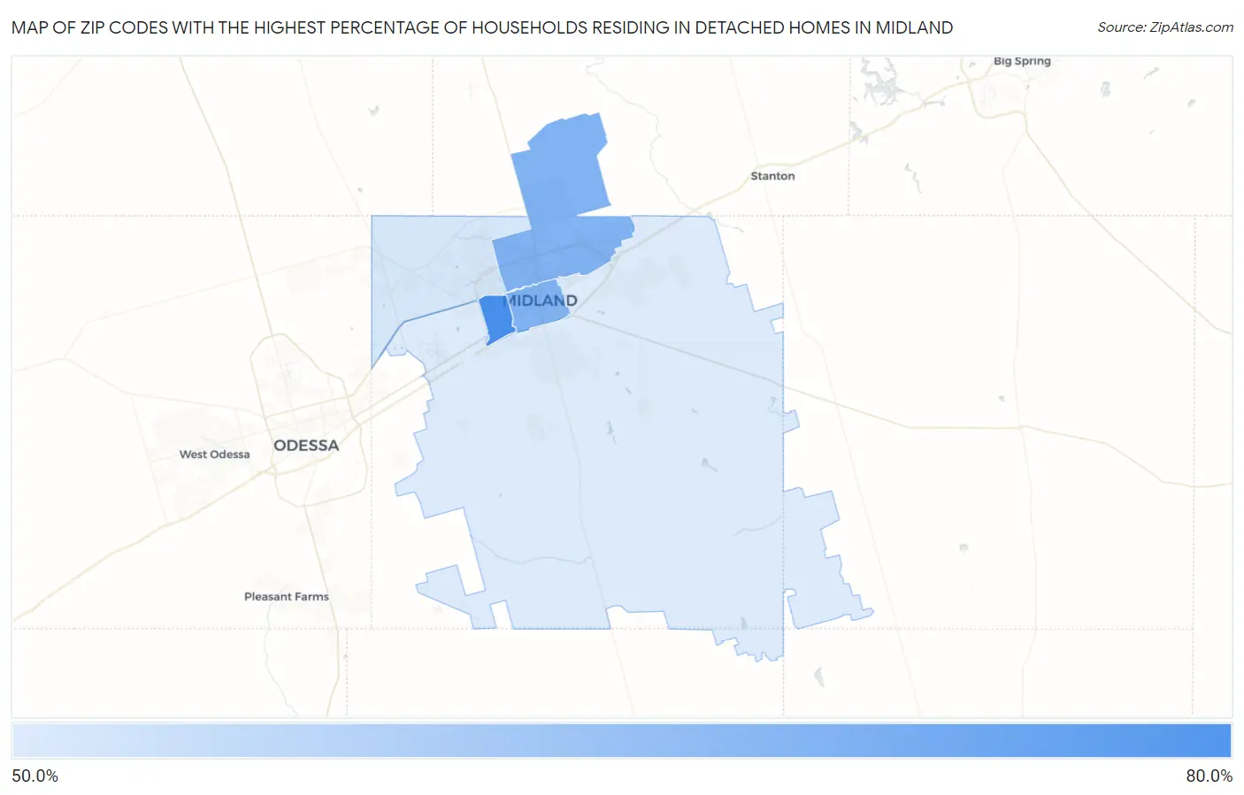 Zip Codes with the Highest Percentage of Households Residing in Detached Homes in Midland Map