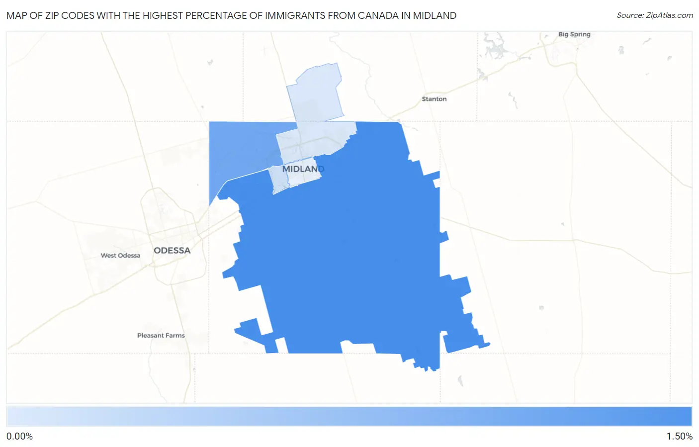 Zip Codes with the Highest Percentage of Immigrants from Canada in Midland Map
