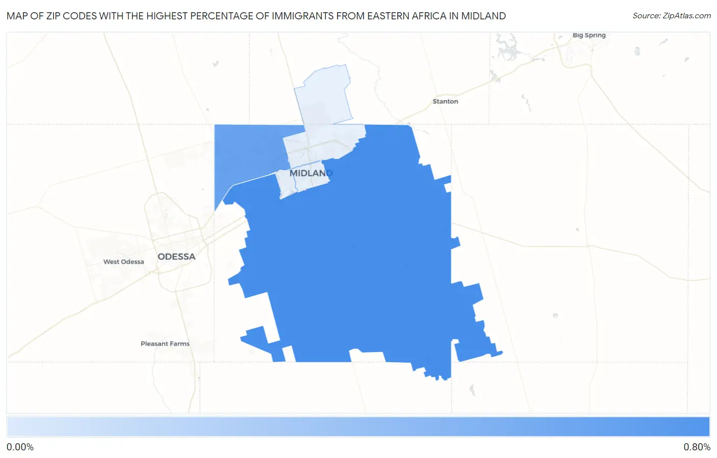Zip Codes with the Highest Percentage of Immigrants from Eastern Africa in Midland Map