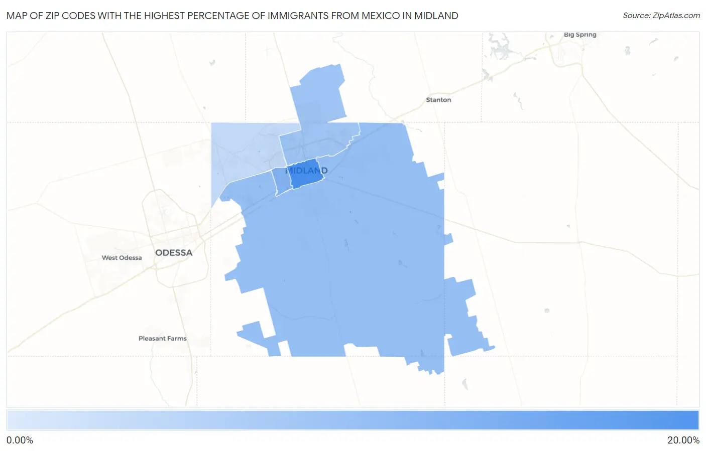 Zip Codes with the Highest Percentage of Immigrants from Mexico in Midland Map