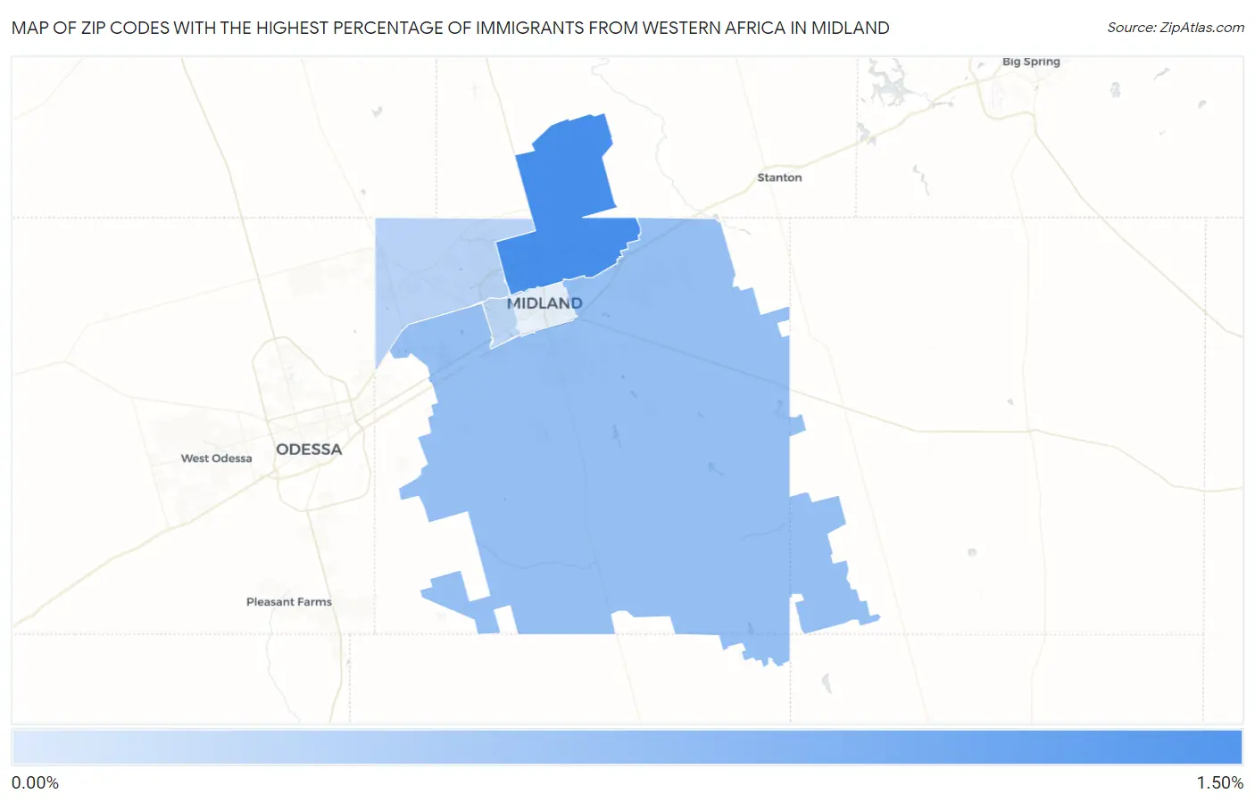 Zip Codes with the Highest Percentage of Immigrants from Western Africa in Midland Map