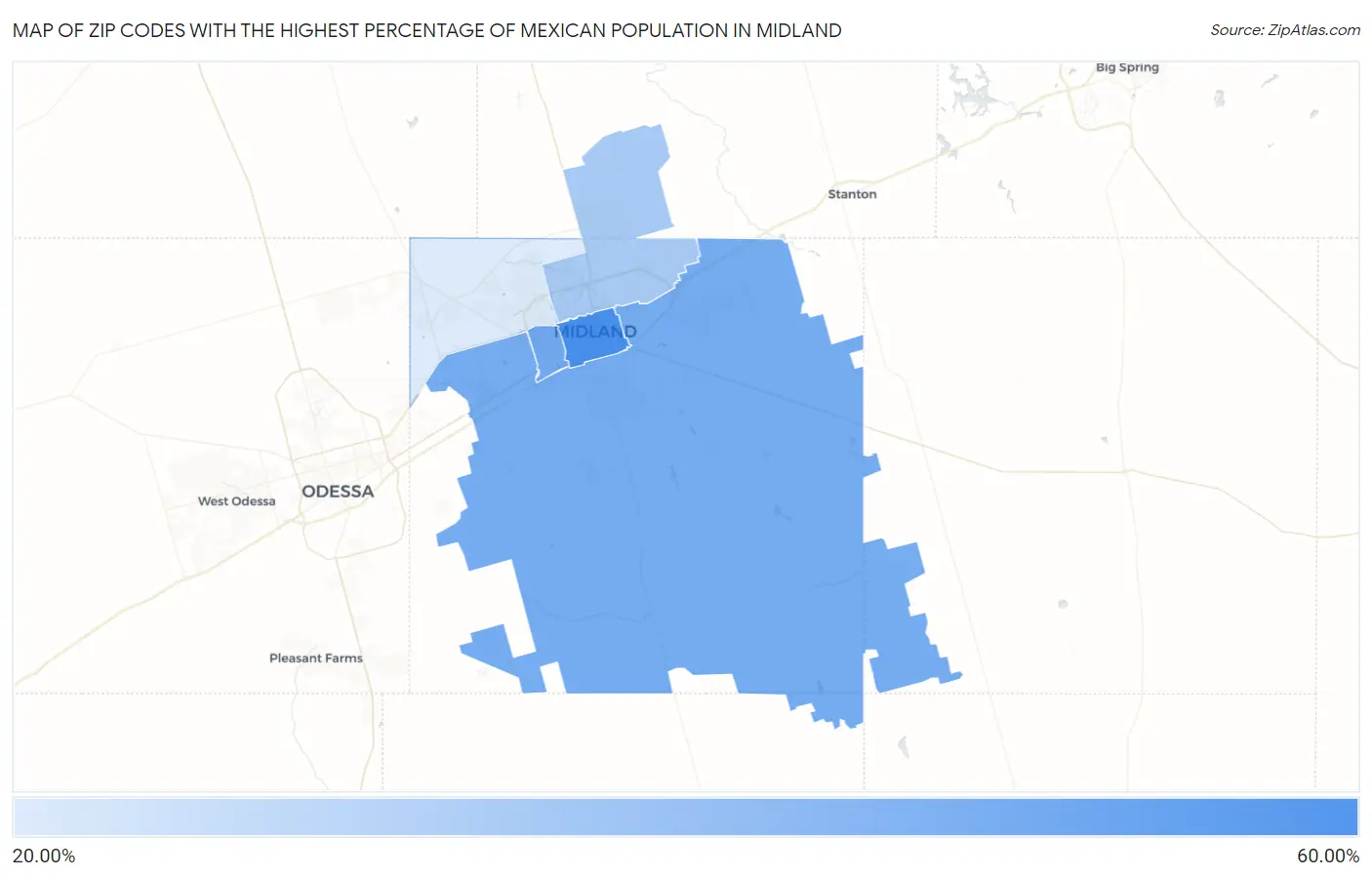 Zip Codes with the Highest Percentage of Mexican Population in Midland Map