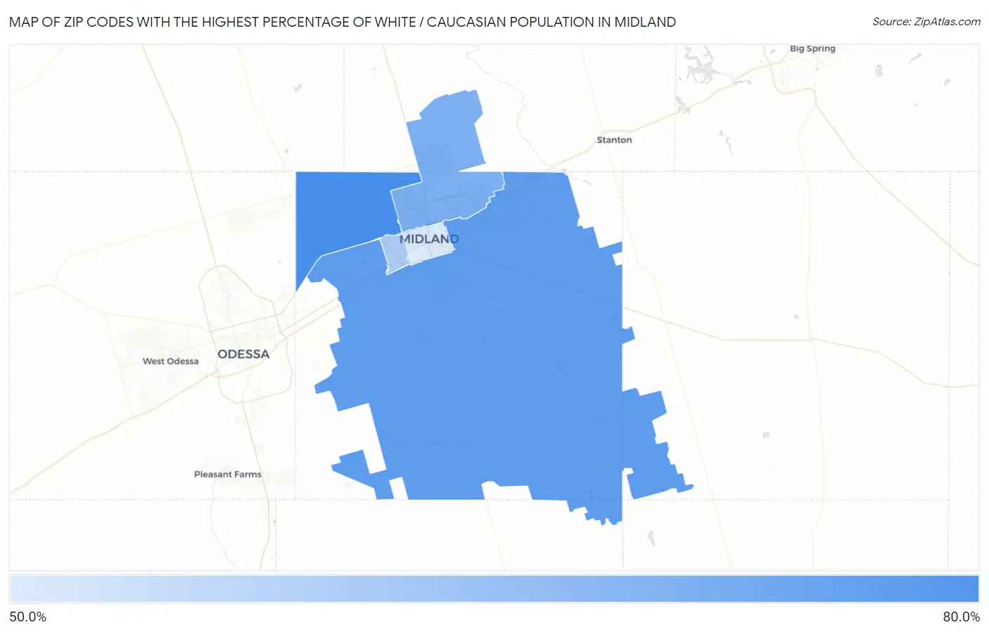 Zip Codes with the Highest Percentage of White / Caucasian Population in Midland Map