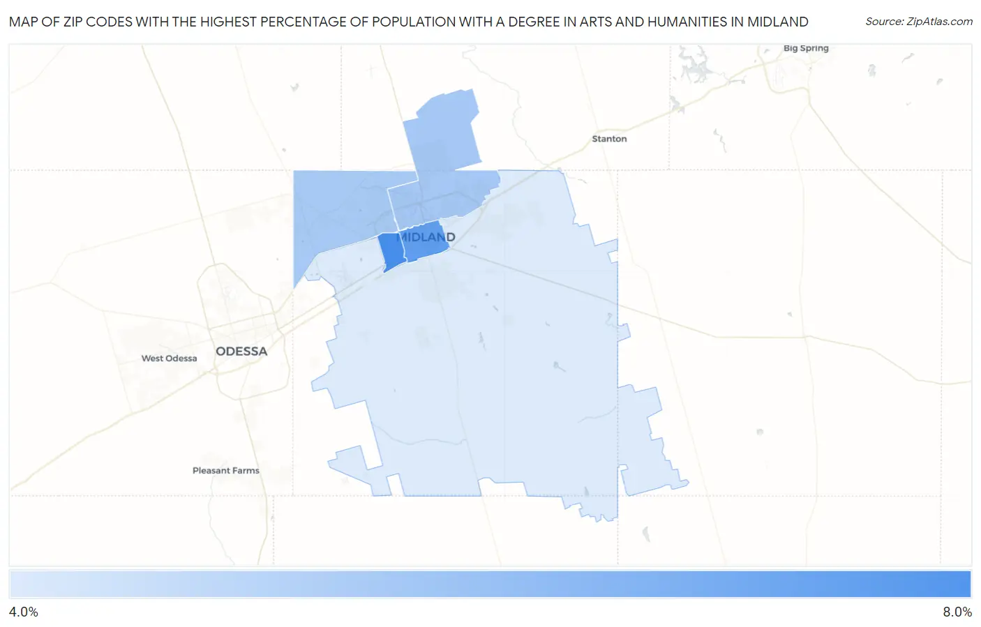 Zip Codes with the Highest Percentage of Population with a Degree in Arts and Humanities in Midland Map