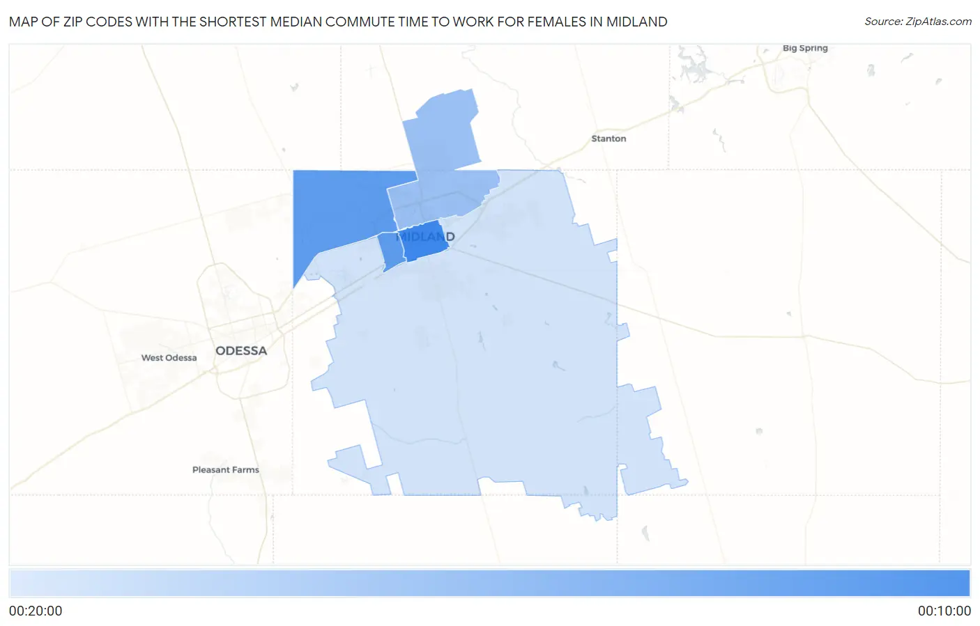 Zip Codes with the Shortest Median Commute Time to Work for Females in Midland Map