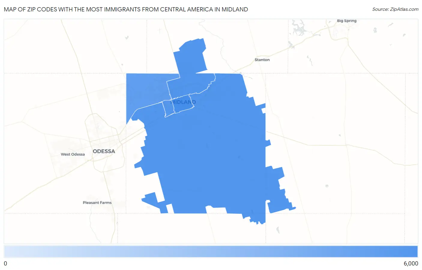 Zip Codes with the Most Immigrants from Central America in Midland Map