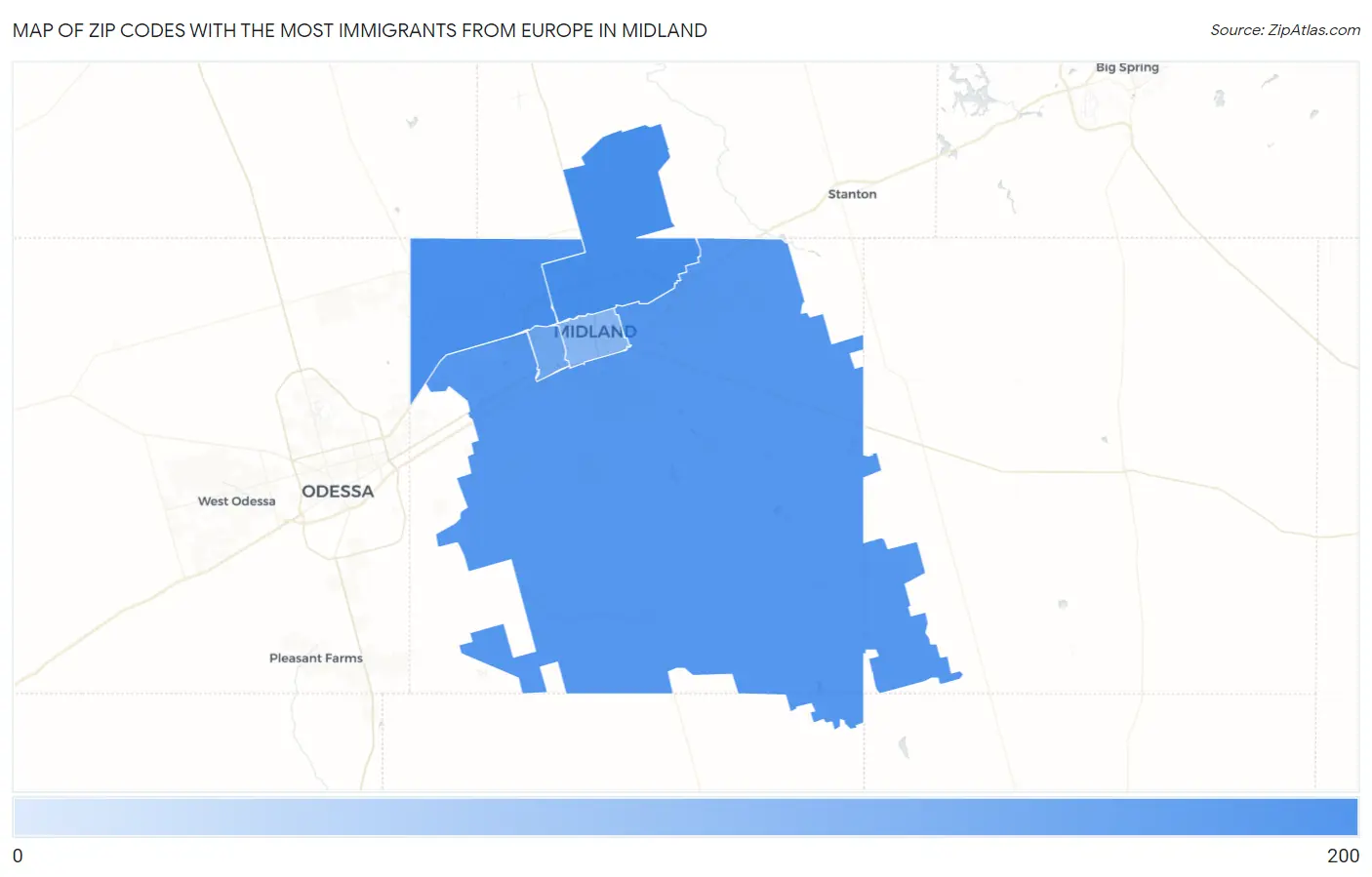 Zip Codes with the Most Immigrants from Europe in Midland Map